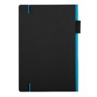 A closed black notebook with rounded corners and a bright blue edge is shown. It features an elastic loop on the side for a pen and has two elastic bands vertically securing the cover. The notebook is placed against a plain white background.