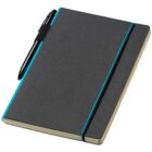 A closed black notebook with a turquoise trim and elastic band is shown. A black pen is secured in a loop on the top left corner. The notebook is placed against a plain white background.