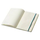 An open notebook with lined pages and a blue elastic band on one side. The pages are blank and the cover is slightly visible at the edges.
