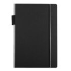 A closed black notebook with a simple, minimalist design. It features a vertical elastic band on the right side and a pen holder on the left. The cover is plain with no visible branding or decoration.