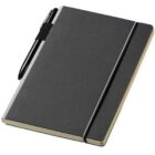 A closed black notebook with an elastic band is placed at an angle. A black pen is tucked into a loop on the notebooks side, ready for use. The notebook appears sleek and has a clean, modern design.