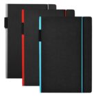 Three closed notebooks with black covers are aligned side by side. The notebooks have vertical colored spines and matching elastic bands: one gray, one red, and one blue.