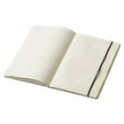 Open notebook with lined pages, featuring a thin black elastic band on the right side. The pages are slightly off-white, and the notebook is laying flat.