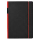 A closed black hardcover notebook with a red spine and a matching red elastic band. There is a black pen loop on the left side. The notebook is placed against a plain white background.