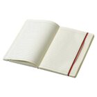 Open notebook with cream-colored lined pages, featuring a red satin ribbon bookmark. The pages are blank, and the notebooks covers are visible on the left and right sides.