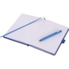 An open notebook with lined pages and a blue ribbon bookmark lies on a white surface. A blue pen is placed diagonally across the right page. The notebook cover is visible around the edges.