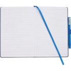 An open lined notebook with a blue ribbon bookmark draped across the pages. A blue pen is attached to the right side of the notebook.