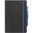 A closed black notebook with a blue elastic band around it and a matching blue pen in a holder on the side.