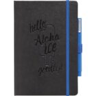 A black notebook with embossed text reading hello Aloha ice goodbye. It features a blue elastic band and pen holder, with a blue pen attached on the side.