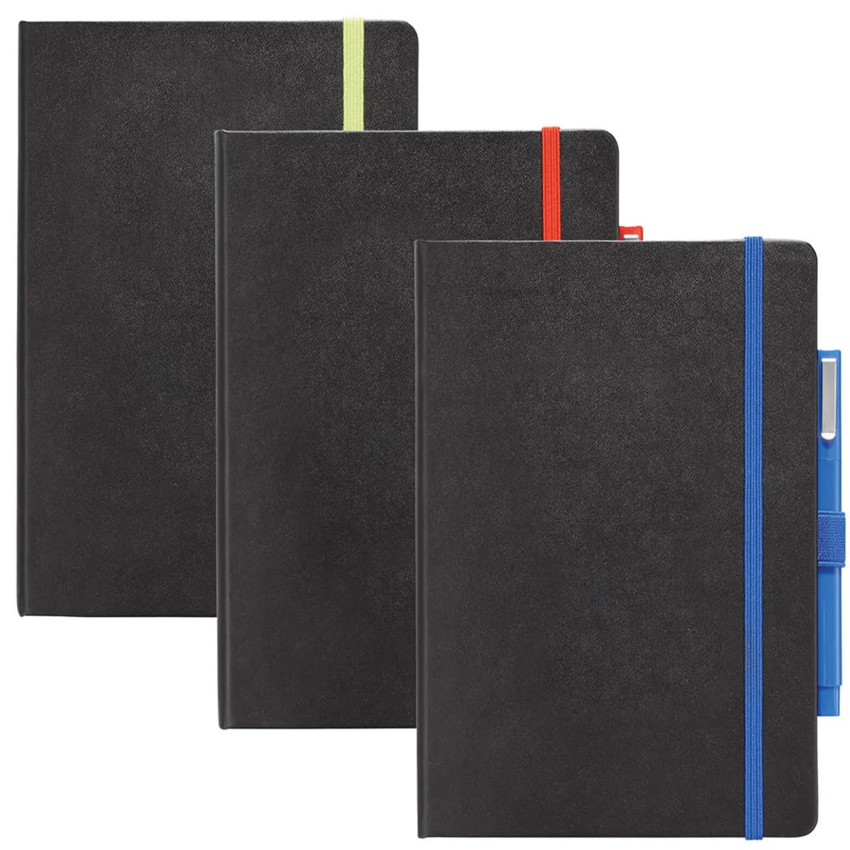 Three black notebooks are displayed, each with a colored elastic band and pen holder. From left to right, the bands are green, red, and blue. The notebooks have a sleek, minimalist design.