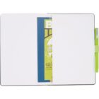 Open notebook displaying a green flyer and a blue folder partially tucked inside. A green pen is clipped to the covers edge. The pages are blank.