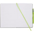 Open notebook with lined pages, a green ribbon bookmark, and a green pen attached to the right side.