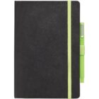 A black notebook with a lime green elastic band closure. A matching lime green pen is secured to the right side of the notebook in a small loop.