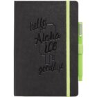 A black notebook with embossed text reading hello Aloha ice goodbye. It has a neon green elastic band and a matching pen attached to the cover.