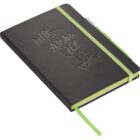 Black notebook with green elastic closure and bookmark ribbon. The cover has embossed text: hello, nice to meet you, goodbye. A small pen loop is attached to the side.