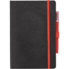 A black notebook with a red elastic band accent lies closed. A red pen is attached to the right side of the notebook, secured by a matching pen loop. The notebook cover has a smooth, textured finish.