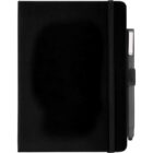 A black, closed notebook with a black elastic band securing it. A pen is tucked into a holder on the right side. The notebook is plain with no visible text or markings.