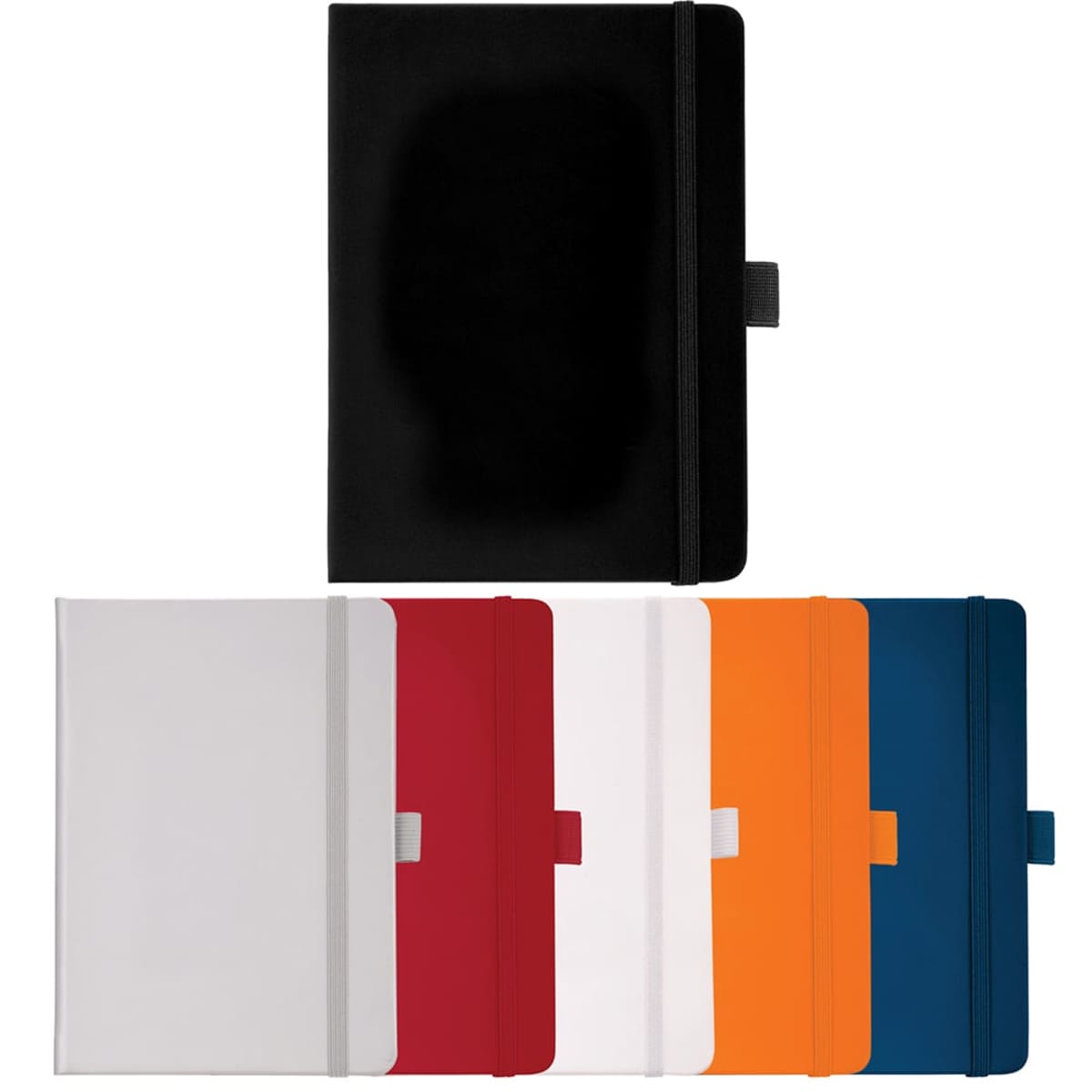 Six closed notebooks in black, gray, red, white, orange, and blue colors are displayed. Each notebook features a pen holder and an elastic closure band. They are arranged in two rows, with one black notebook on the top and five in various colors below.