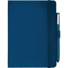 A closed blue notebook with a matching blue pen attached by an elastic band on the right side. The notebook also features an elastic closure band to keep it securely closed.