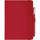 A closed red notebook with a matching red pen attached to it on the right side. The cover has a smooth surface, and a red elastic band helps keep it closed. The pen is held by a red loop.