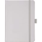 A closed, plain white hardcover notebook with an elastic band wrapped vertically around it, set against a white background. A small loop is attached to the side for holding a pen.