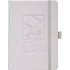 White notebook with an embossed geometric design and Irish Museum of Sculpture text on the cover. It has a strap closure and a pen holder on the side.