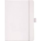 A plain white notebook with a closed elastic band on the front cover. The notebook has a loop on the right side for holding a pen. The cover is blank and minimalistic.