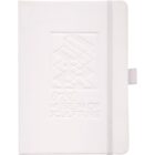 A white notebook with an embossed geometric design and the text Irish Museum of Sculpture on the cover. It has rounded corners, an elastic band for closure, and a pen holder on the side.
