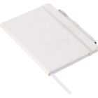 White hardcover notebook with an embossed design on the front cover. It has a matching elastic band closure, a pen loop with a pen, and an attached ribbon bookmark.