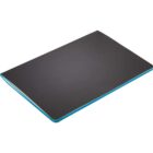 A closed black hardcover notebook with a light blue spine laying flat on a white surface.