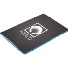 A black notebook with the word Foseco and a stylized logo on the cover. The notebook has a blue edge and is closed, lying flat against a white background.