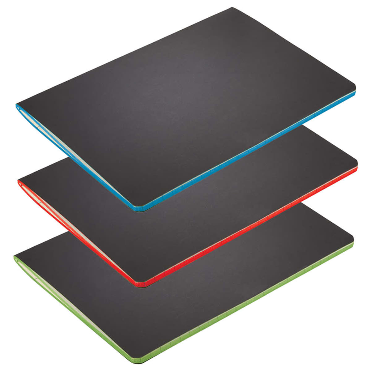 Three black notebooks stacked vertically, each with different colored edges: blue at the top, red in the middle, and green at the bottom, against a white background.