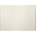 An open notebook with lined pages, featuring a vertical margin line near the inner edges. The pages are blank and ready for writing. The notebook cover is not visible.