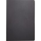 A closed, plain black notebook with a smooth cover. The notebook has rounded corners and is positioned vertically against a white background.