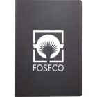 A black notebook with rounded corners features the word FOSECO and a stylized sun logo in white on the cover.