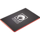 A black notebook with a red spine is shown. The cover displays a white logo featuring a stylized eye design above the word FOSECO.