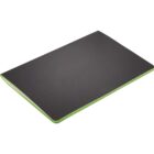 A black notebook with a green spine lies closed on a plain white background.