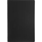 A plain black notebook with a smooth cover, closed and positioned vertically. The notebook has slightly rounded corners, with no visible markings or text. The background is white and unobtrusive.