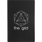 A black notebook with a geometric cube design on the cover, outlined in white. Below the cube, the text reads the grid in lowercase letters.