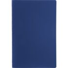 A plain blue notebook with a smooth cover, closed and standing upright against a white background.