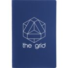 A blue notebook with a geometric wireframe cube design and the text the grid in white on the cover.