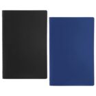Two closed notebooks are side by side. The notebook on the left has a black cover, while the one on the right has a blue cover. The covers are plain with rounded corners, and both notebooks are standing upright.