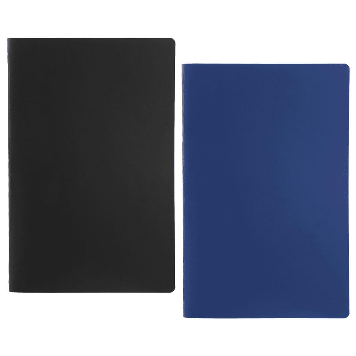 Two closed notebooks are side by side. The notebook on the left has a black cover, while the one on the right has a blue cover. The covers are plain with rounded corners, and both notebooks are standing upright.