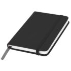 A closed, black hardcover notebook with a gray bookmark ribbon and an elastic band wrapped around it. The notebook is angled slightly, showcasing its simple and sleek design.