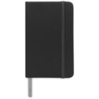 A black, closed notebook with a rounded spine, featuring an elastic band closure and a ribbon bookmark. The elastic band runs vertically along the right edge, and the bookmark extends from the bottom.