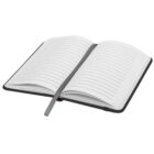 An open lined notebook with a gray ribbon bookmark visible, set against a plain white background. The notebook has a black cover and the pages are blank, showing no writing.