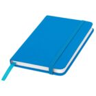 A closed blue notebook with a matching elastic band wrapped around it. A blue ribbon bookmark is visible, tucked between the pages. The cover has a plain, smooth texture.