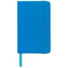 A bright blue notebook with a matching blue elastic band closure and blue ribbon bookmark. The notebook has rounded corners and a solid blue cover.