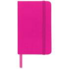 A bright pink notebook with a matching elastic band and ribbon bookmark. It has rounded corners and a simple, sleek design.