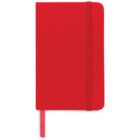 A red notebook with a rounded cover, secured by a red elastic band. A matching red bookmark is visible, hanging slightly from the bottom.